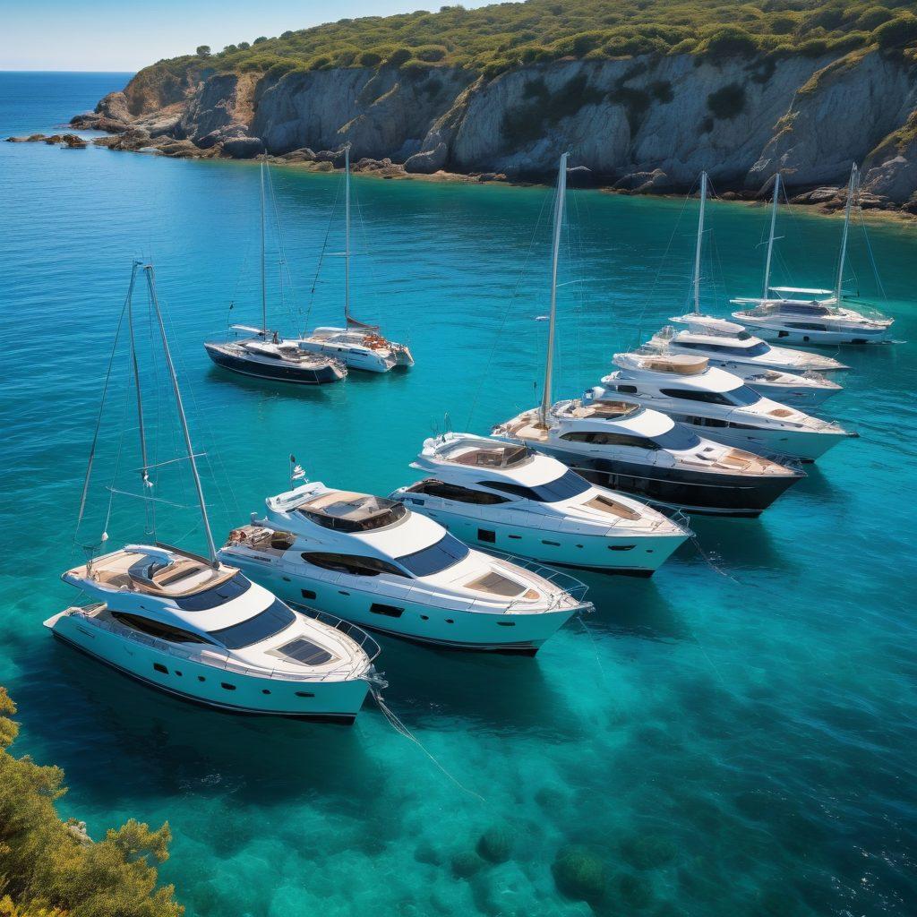 A scenic view of various boats on a sparkling blue sea, showcasing sleek sailboats and luxurious yachts side by side. Include a peaceful harbor in the background with gentle waves and a clear sky. Weave in hints of insurance paperwork or digital tablets, subtly integrated into the scene, symbolizing tailored insurance solutions. The atmosphere is vibrant with a sense of adventure and tranquility. super-realistic. vibrant colors. 3D.