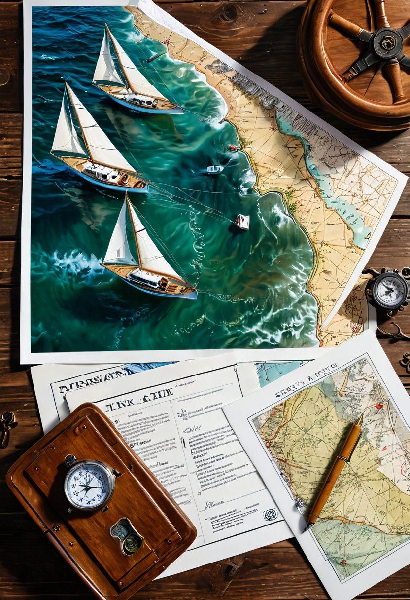 A serene seascape featuring various watercraft, including sailboats, yachts, and personal watercraft, all depicted in a detailed, vibrant harbor setting. In the foreground, a nautical insurance document elegantly unfurls on a weathered wooden table, accompanied by a compass and a vintage map. The sky is bright and inviting, while gentle waves lap against the pier. Include elements of safety like life vests and a first aid kit subtly integrated into the scene. super-realistic. vibrant colors. 3D.