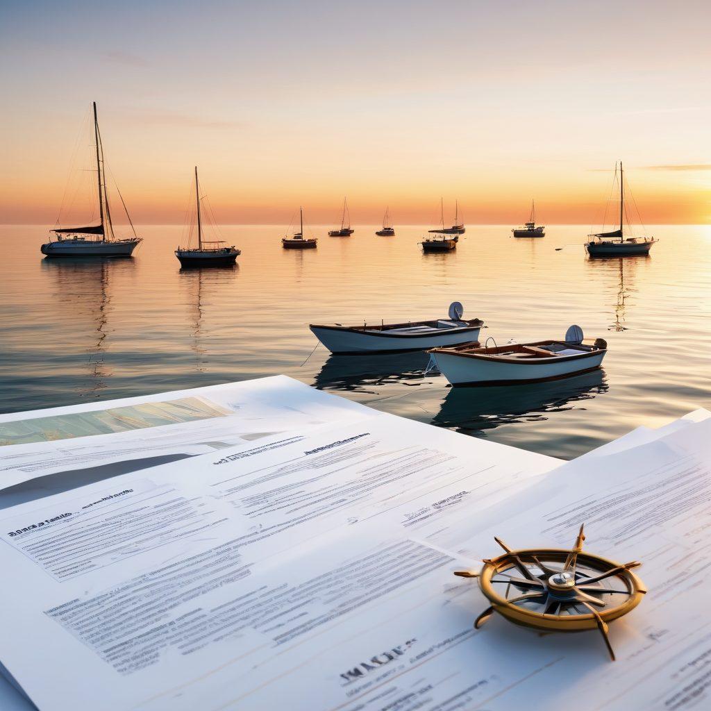 A serene seascape featuring a variety of boats sailing peacefully, with a focus on vibrant marine insurance documents floating atop the water, symbolizing protection. The horizon glows with a sunrise, representing new beginnings and security at sea. Include a subtle compass in the foreground to signify navigation and guidance through insurance choices. super-realistic. vibrant colors. white background.